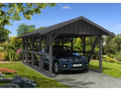 Konstruktionsvollholz*Skan Holz Carport Schwarzwald m. Dachschalung u. Abstellr. 424 x 772 cm Grau