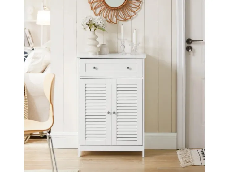 SoBuy Lamellentüren^Badezimmerschrank Sideboard mit Schublade und Lamellentüren 60x87x35cm Weiß FRG238-W